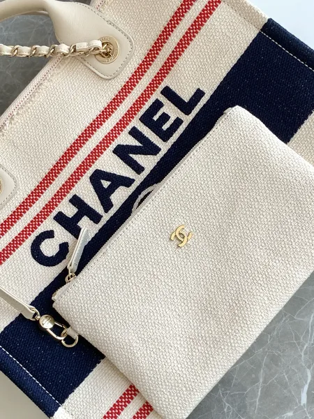 Chanel Shopping Bag 34 In White Red And Navy Blue Canvas product view 4