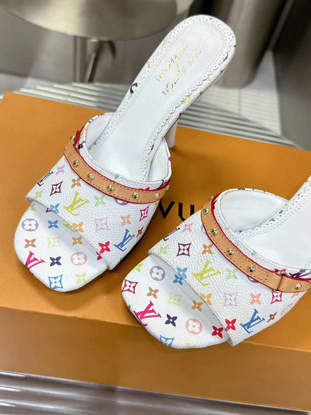 Louis Vuitton Women White Multicolor Printed Leather Mules product view 6