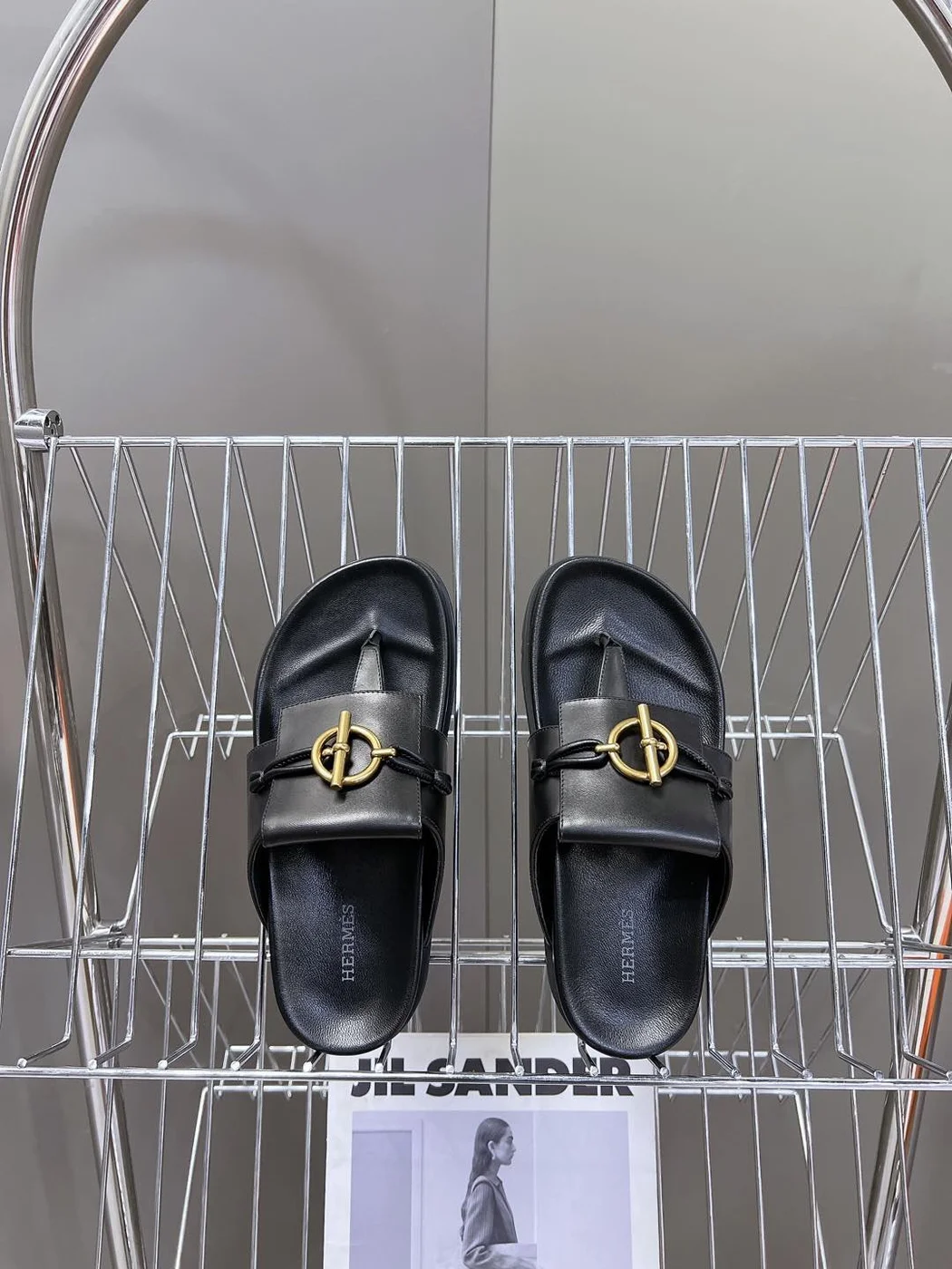 Hermès Women Black Leather Sandals — Gold-Tone Buckle Slides product view 2