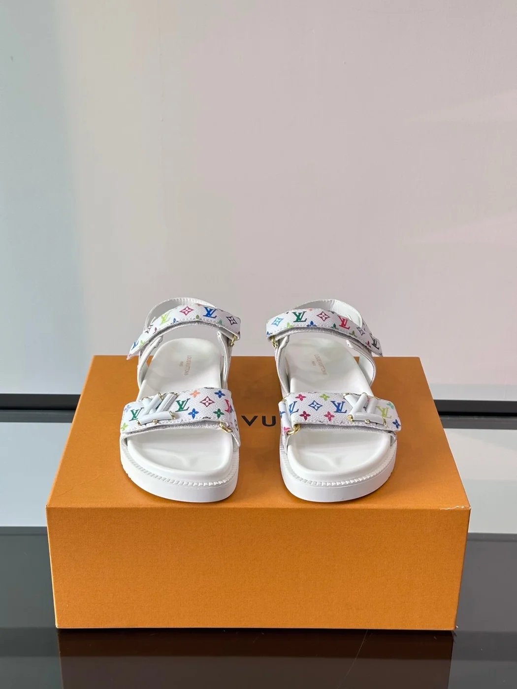 Louis Vuitton Men White Canvas Multicolor Logo Sandals product view 2