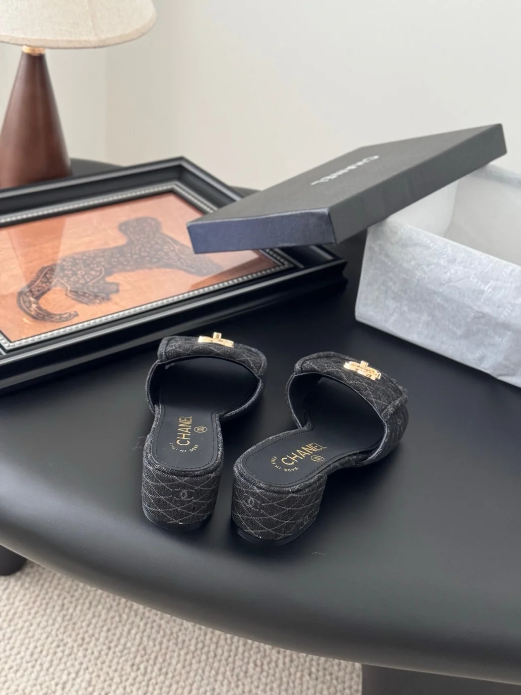 Chanel Women Black Quilted Fabric Slides — Gold-Tone CC Detail product view 3