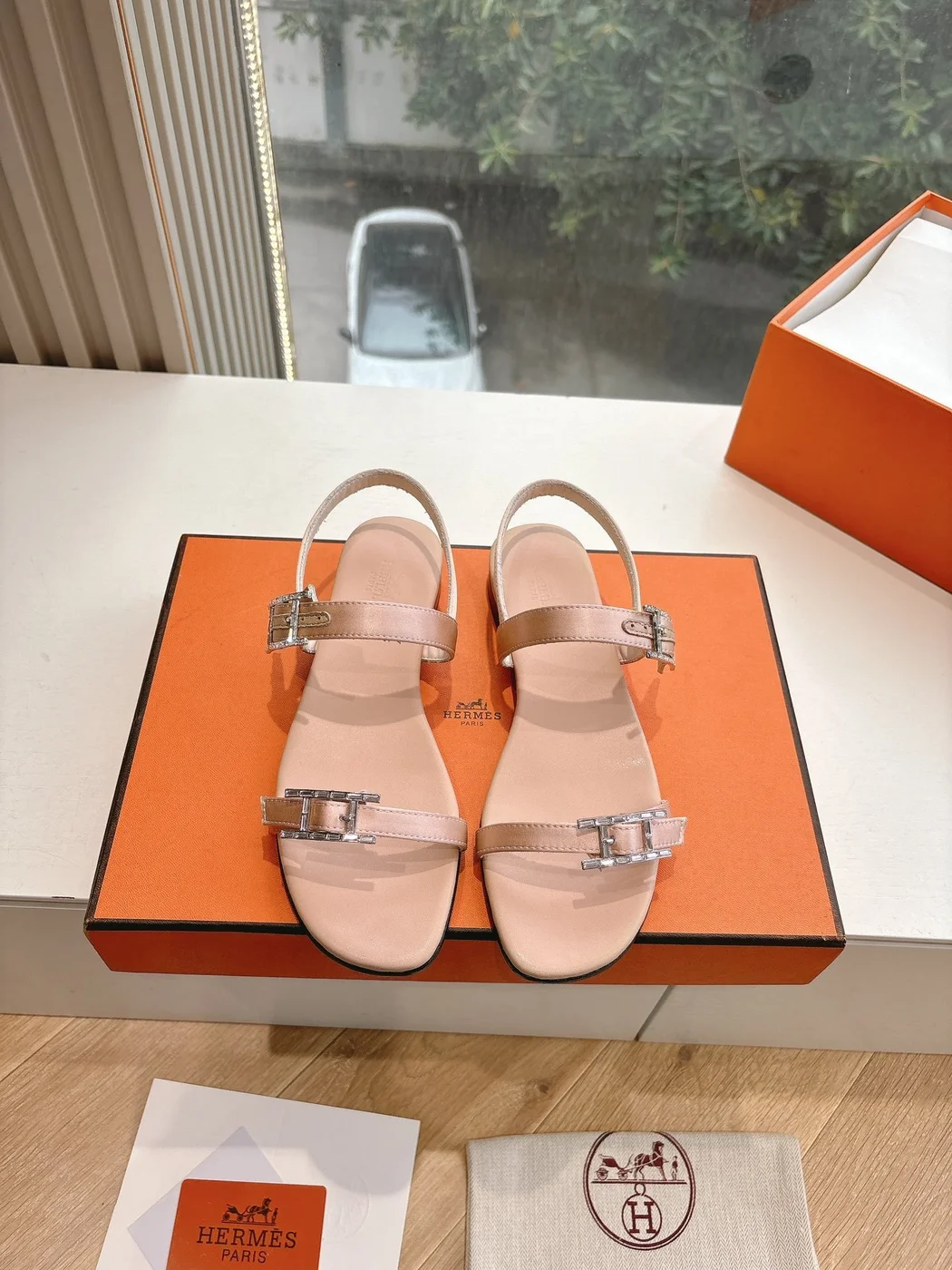 Hermès Women Beige Leather Strappy Sandals — Metal-Bar Strap Detail product view 5
