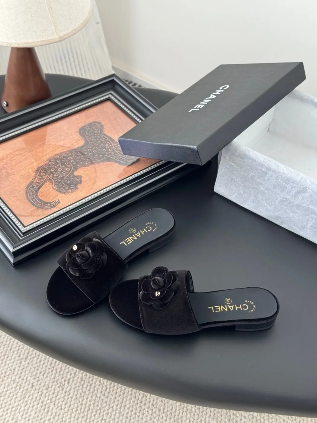 Chanel Women Black Velvet Flower Embellished Slides product view 2