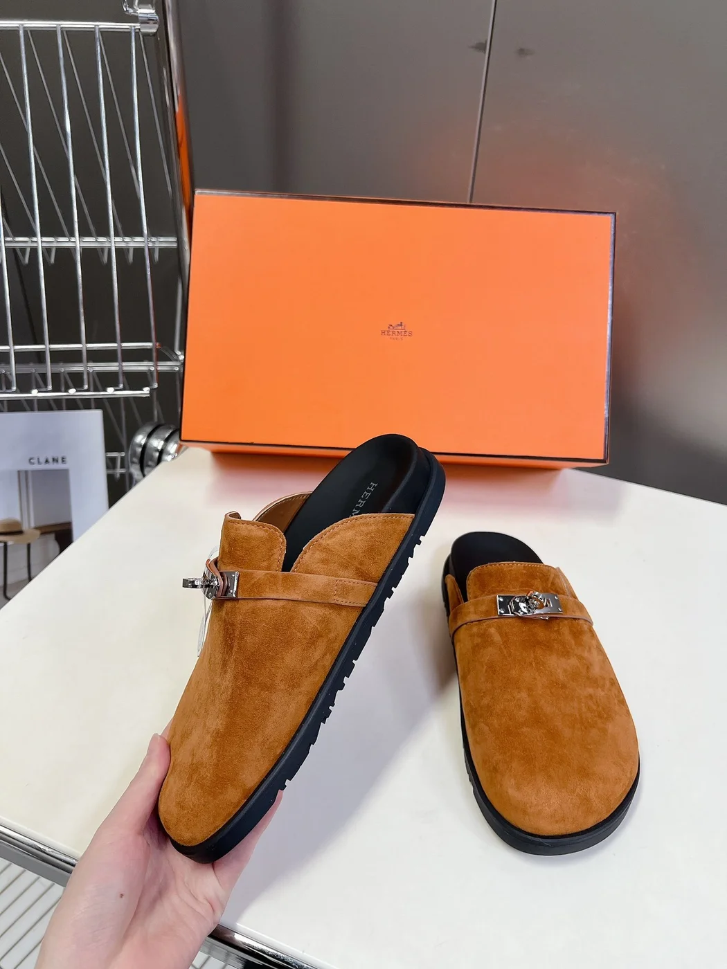 Hermès Women Tan Suede-Effect Closed-Toe Mules product view 3