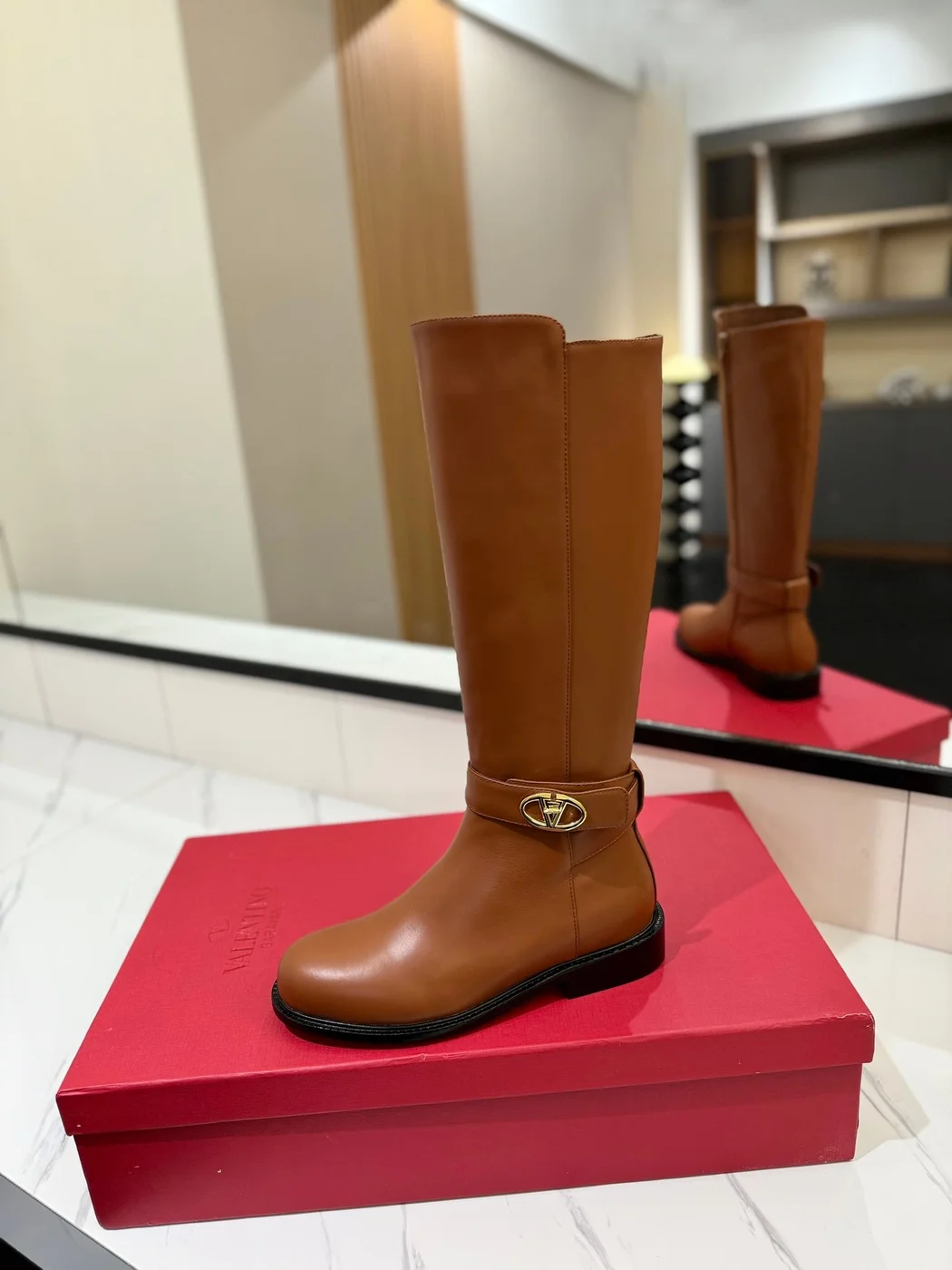 Valentino Women Brown Leather Knee High Boots — Ankle-Strap Detail product view 5