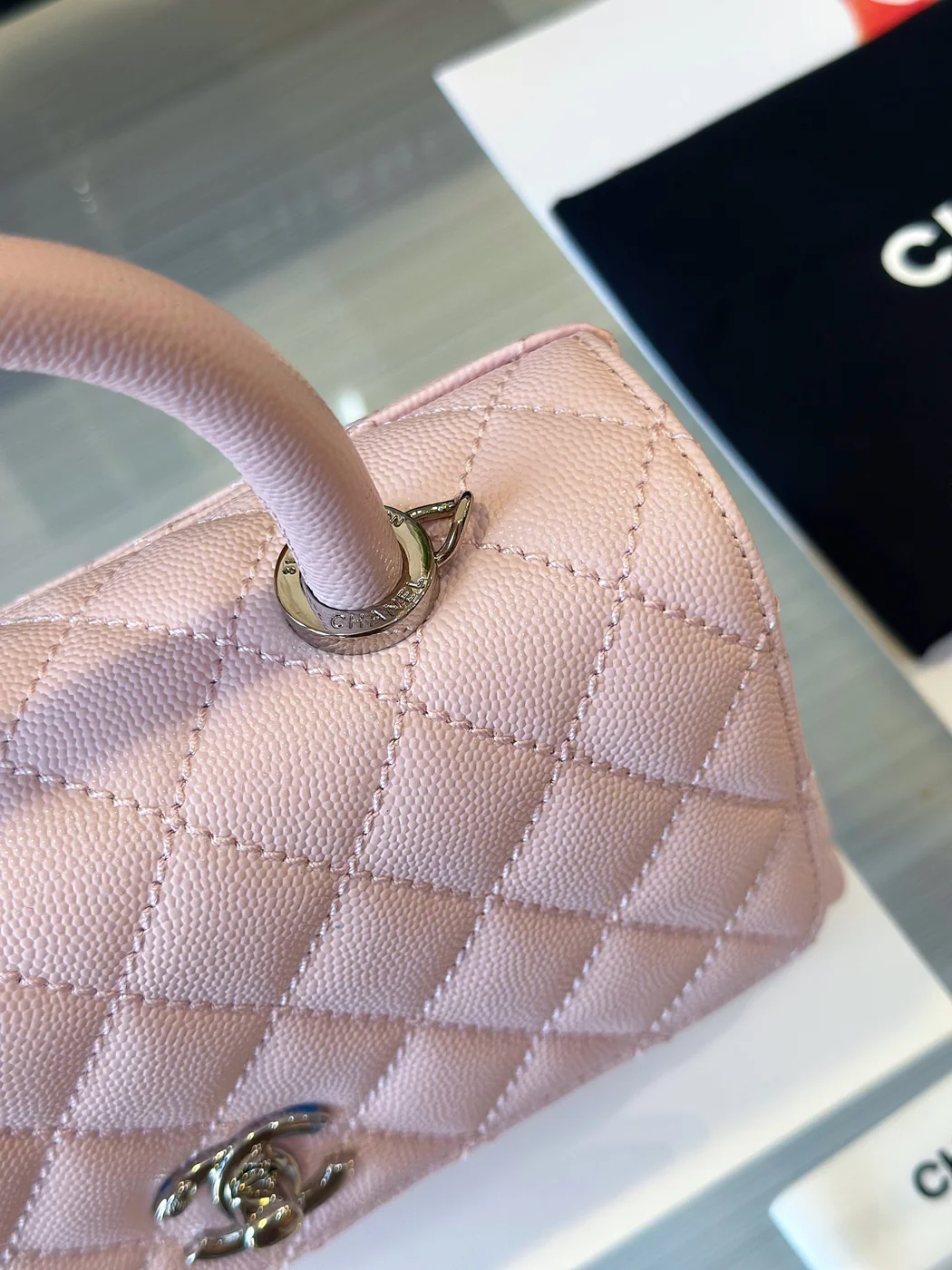 Chanel Coco Handbags Leather Pink With Silver Lock 23 cm product view 6