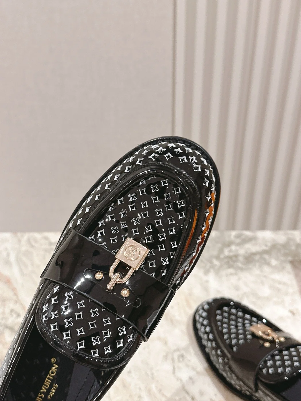 Louis Vuitton Women Black Patent Leather Loafers — Tonal Patterned Upper product view 5