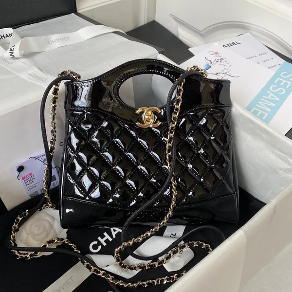 Chanel Mini Shopping Bag Handbags Shiny Leather Lock Gold 31 cm product photo