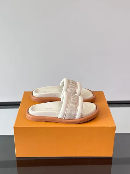 Louis Vuitton Men Beige Fabric Slides With Brown Sole product photo