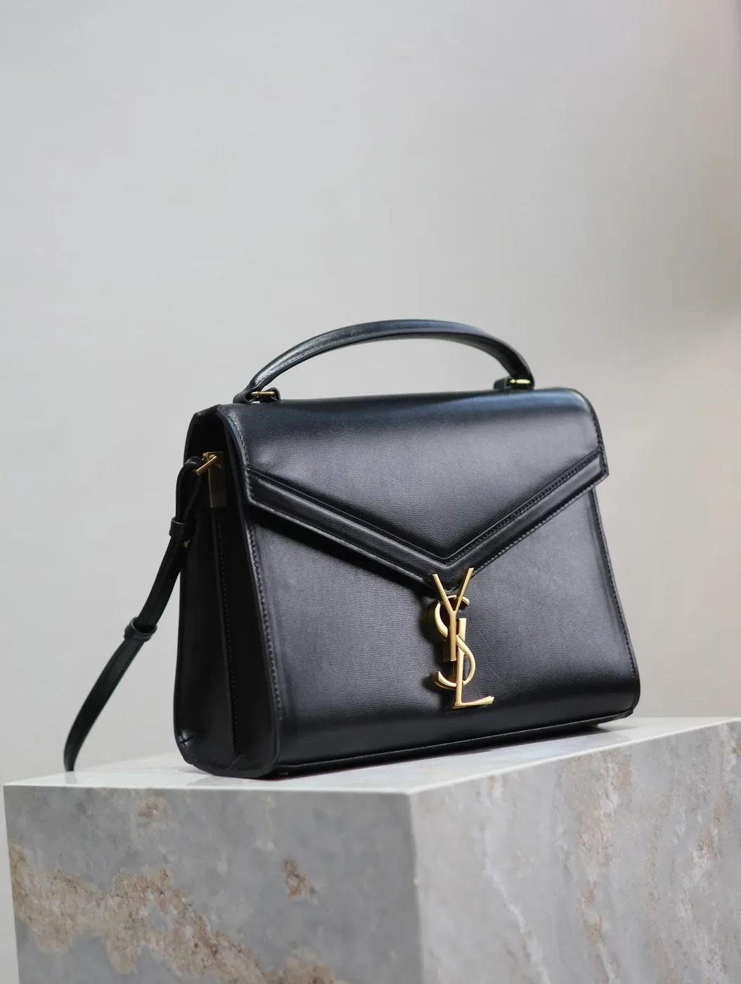 Saint Laurent Cassandra Top Handle Bag Medium Black Smooth Lambskin Gold Hardware product view 8