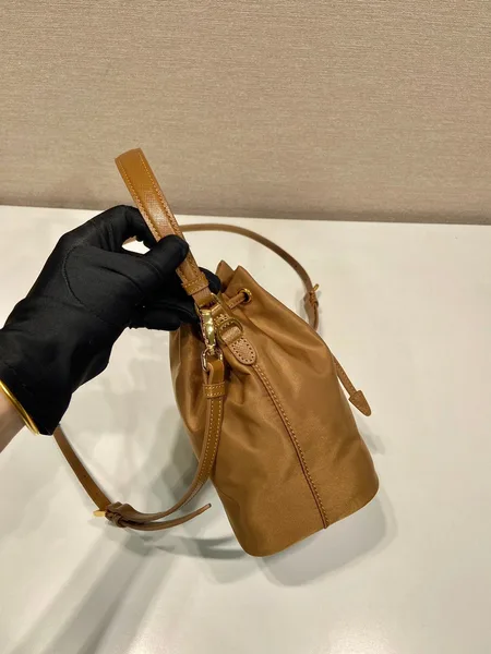 Prada Bucket Bag 19 In Russet Brown Re-Nylon And Calfskin Handle product view 3