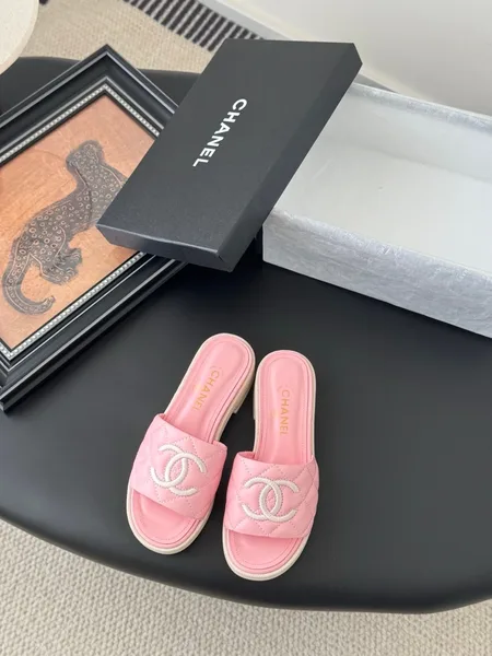 Chanel Women Pink Quilted Leather Slides — Tonal CC Detail product view 1