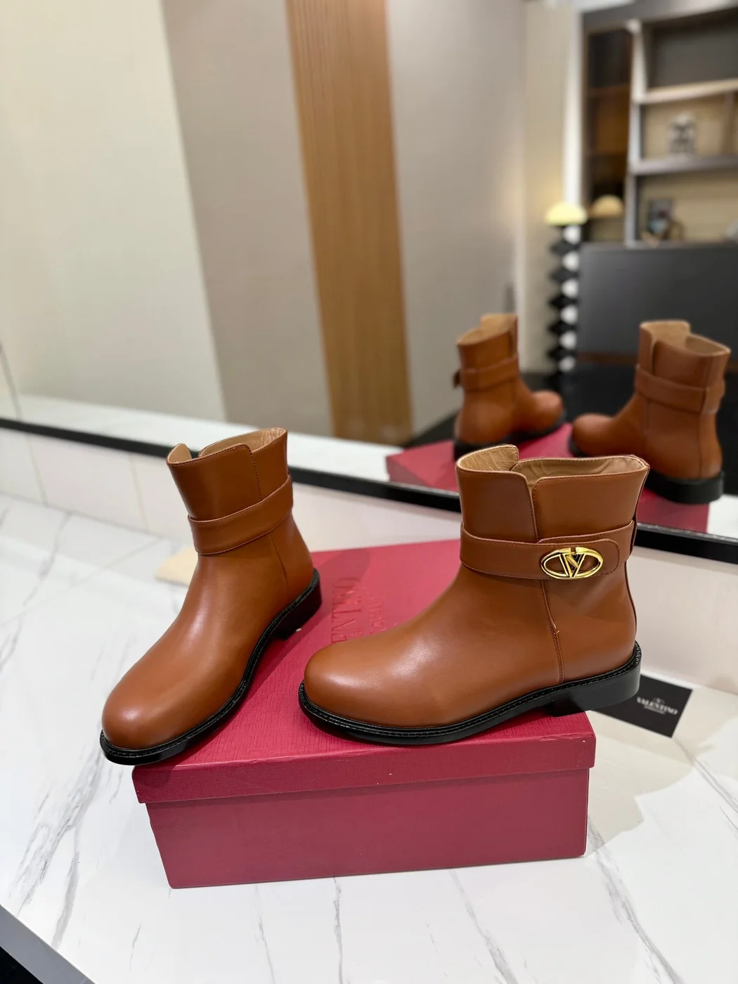 Valentino Women Brown Leather Ankle Boots — Low-Heel Chain-Cuff Style product view 2
