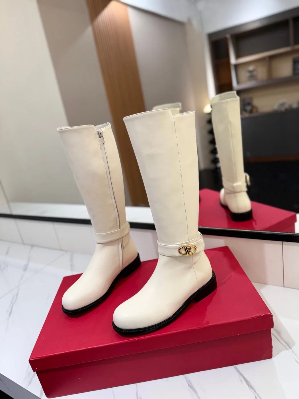 Valentino Women White Leather Knee High Boots — Ankle-Strap Detail product view 3