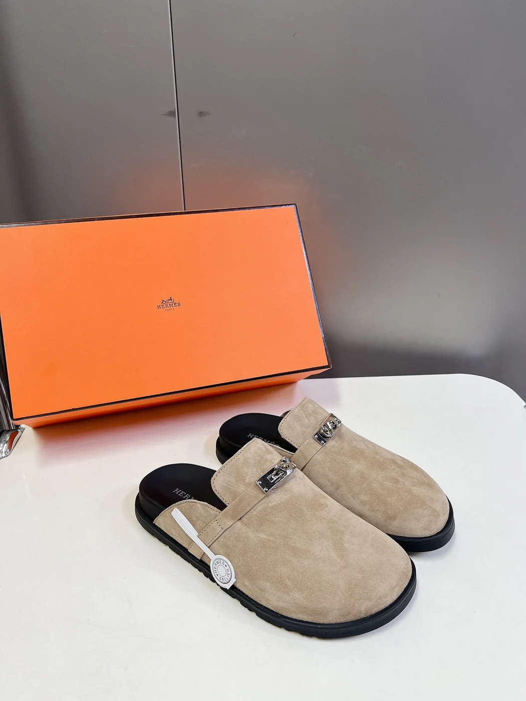 Hermès Women Beige Suede Mules — Rounded Toe with Black Sole product view 5