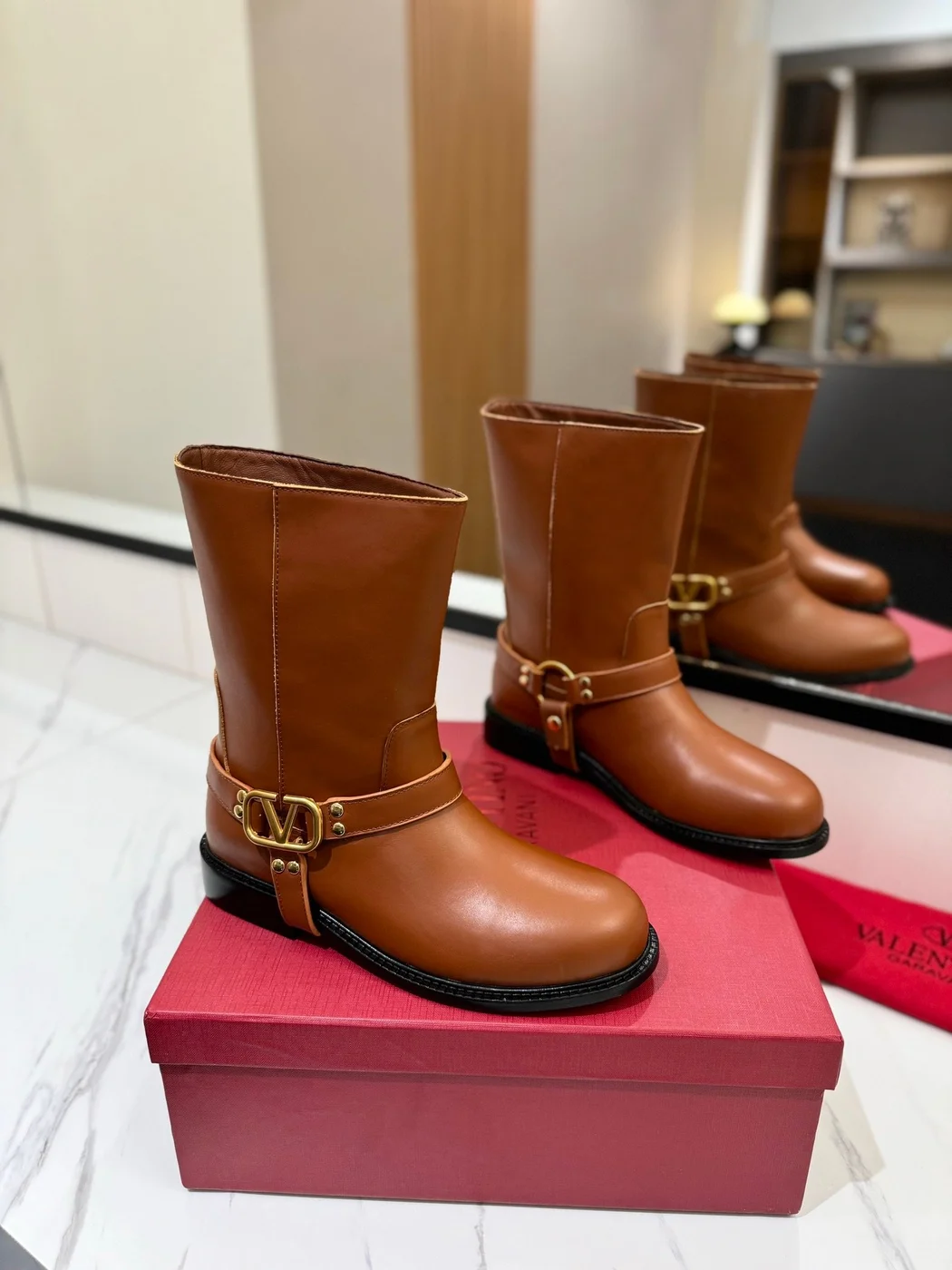 Valentino Women Brown Leather Mid-Calf Boots product view 1