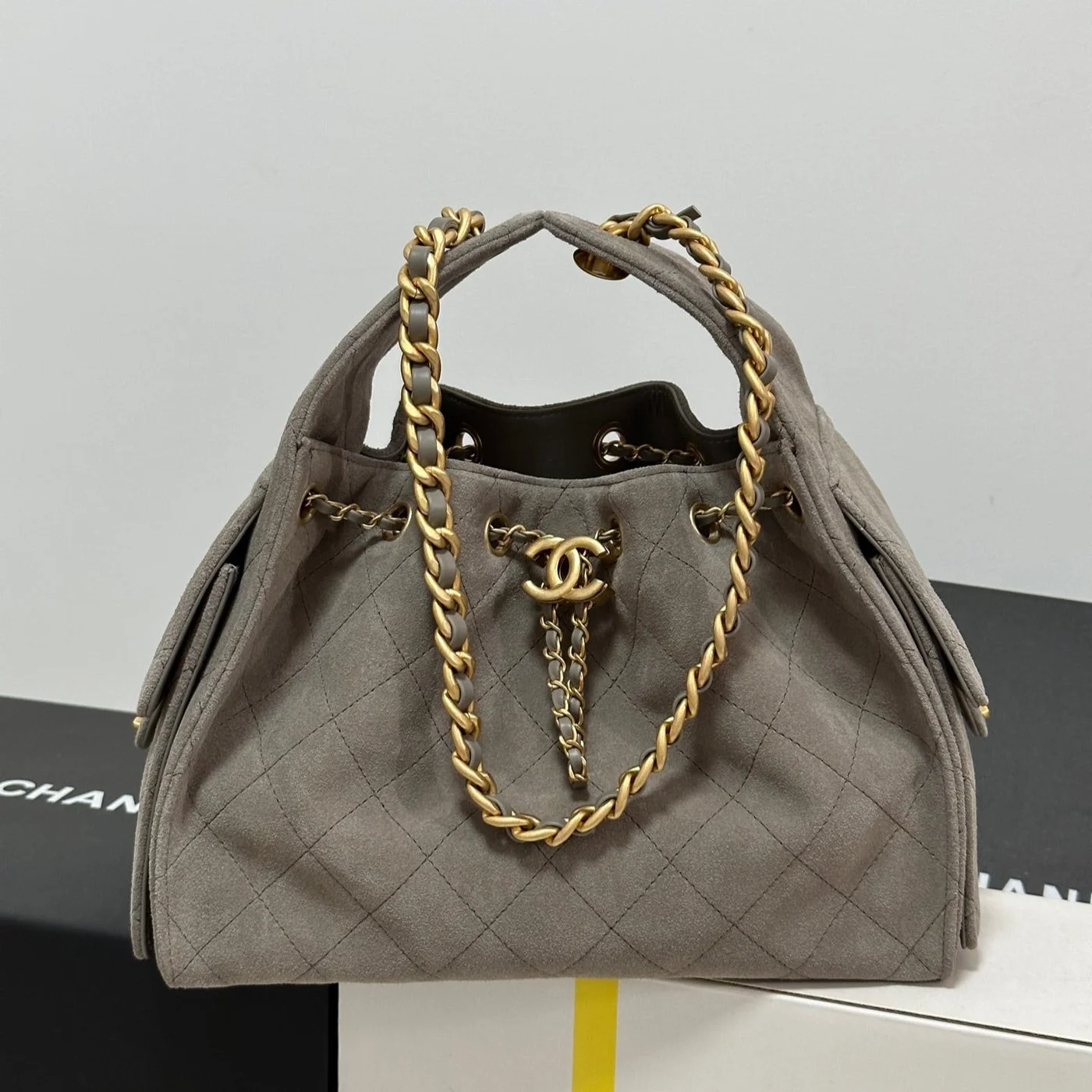 Chanel New 25 Handbag 30 In Natural Grey Suede Gold Hardware product view 1