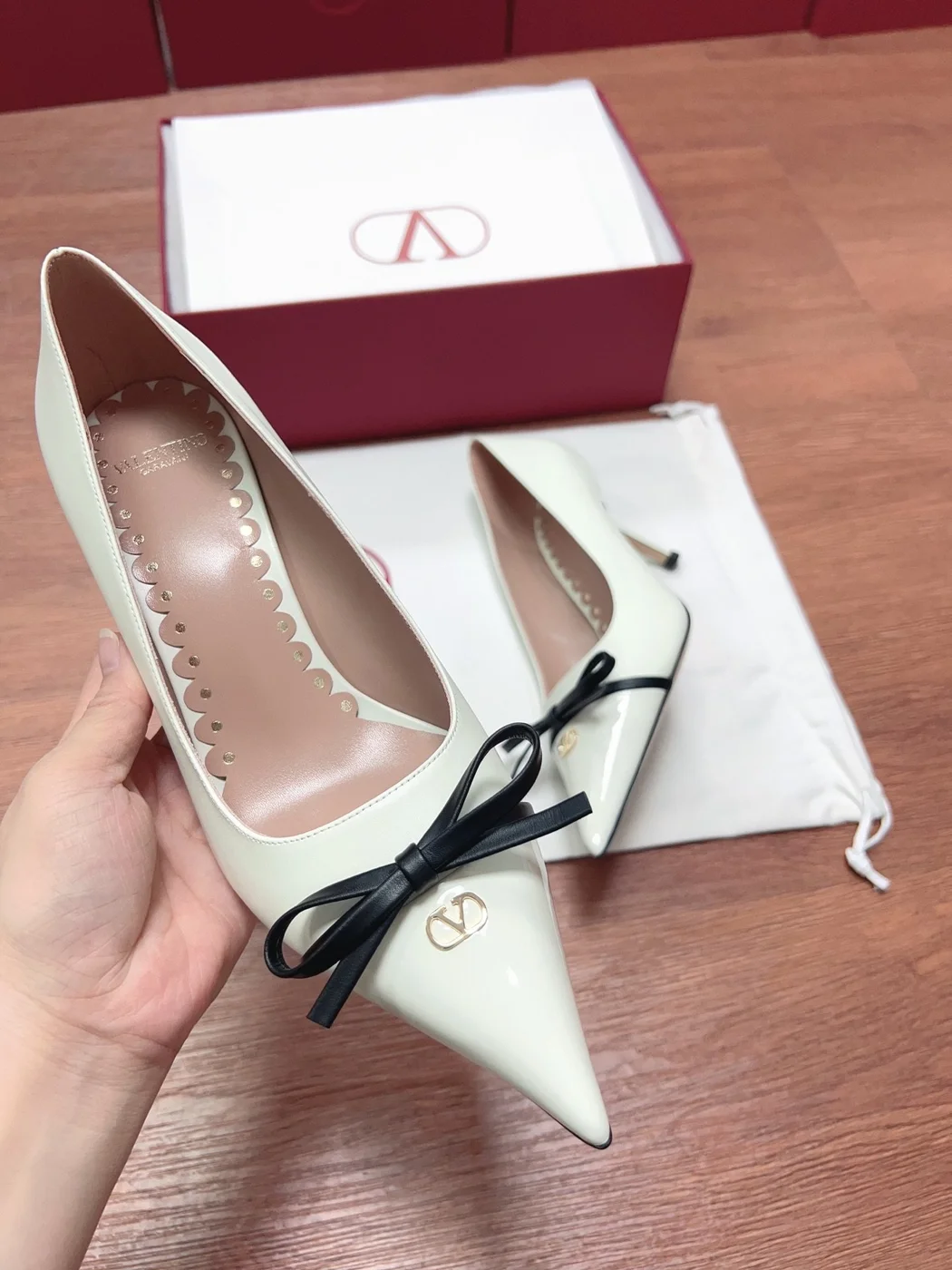 Valentino Women White Leather Pointed Toe Pumps product view 4