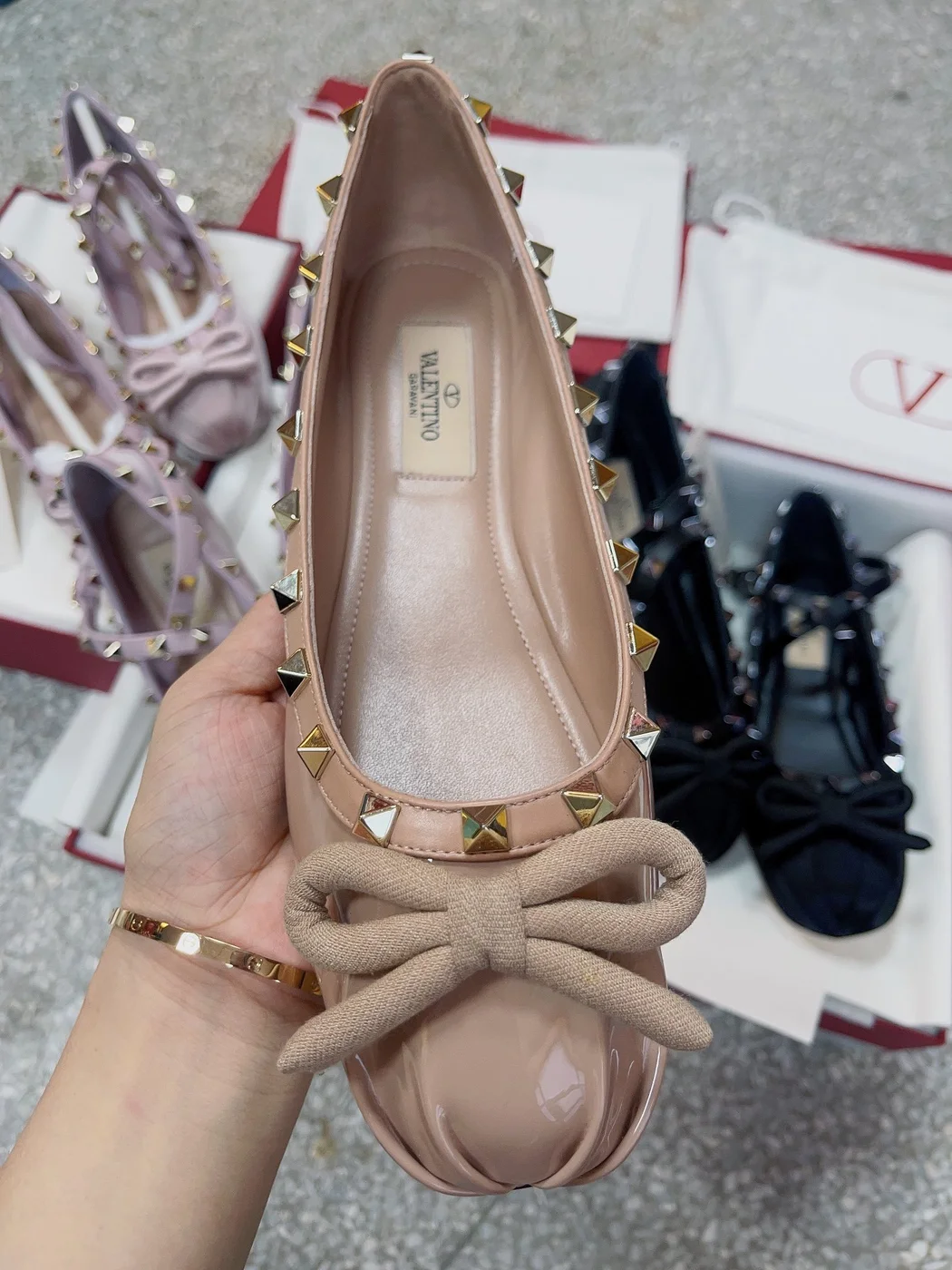 Valentino Women Nude Patent Leather Studded Flats product view 3