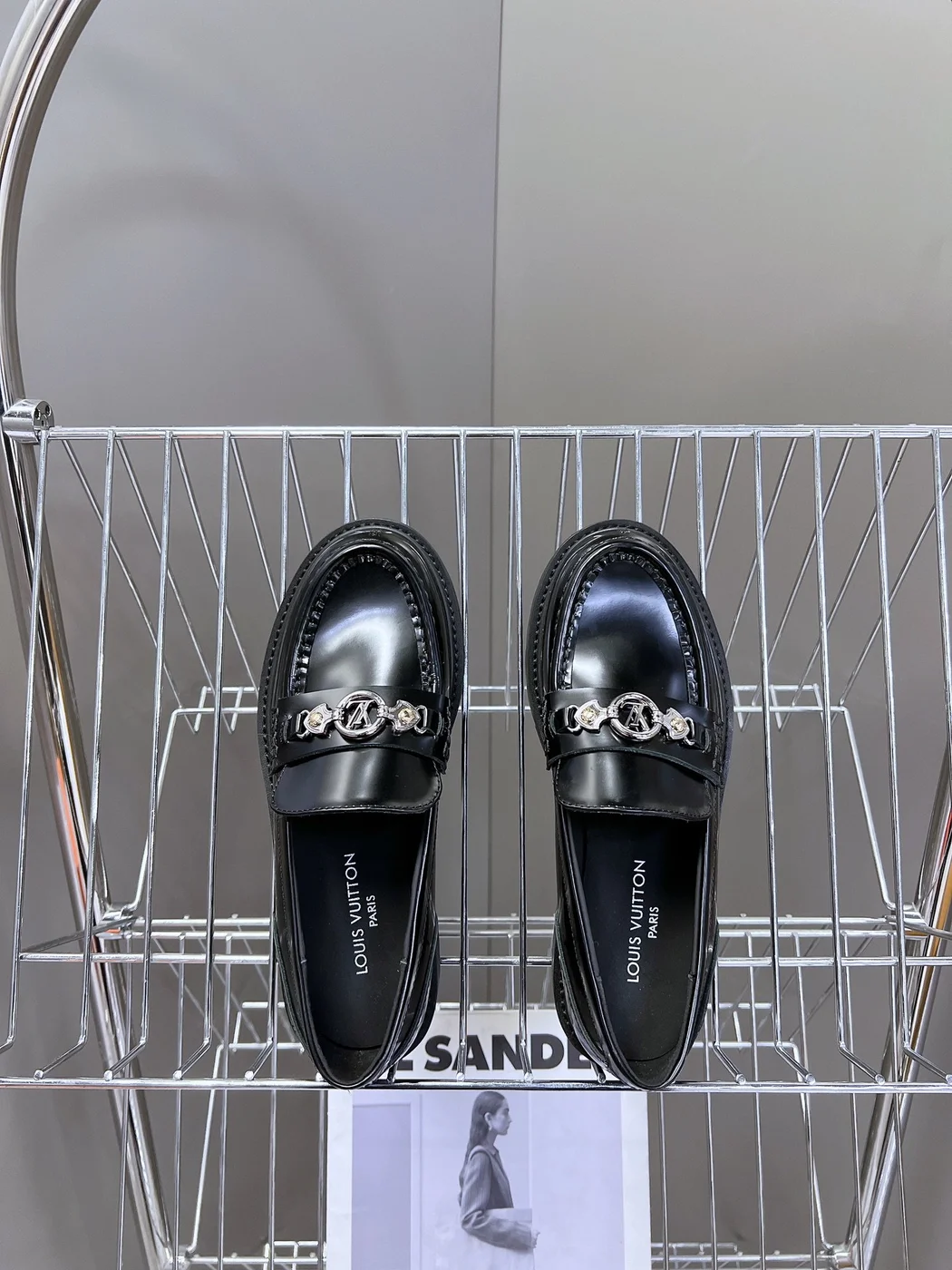 Louis Vuitton Women Black Leather Loafers — Chain Detail with Lug Sole product view 2
