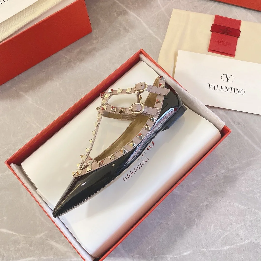 Valentino Women Black Studded T-Strap Pointed-Toe Flats product view 6