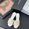 Chanel Women Woven-Fabric Slides — Beige with White Heeled Sole product view 1