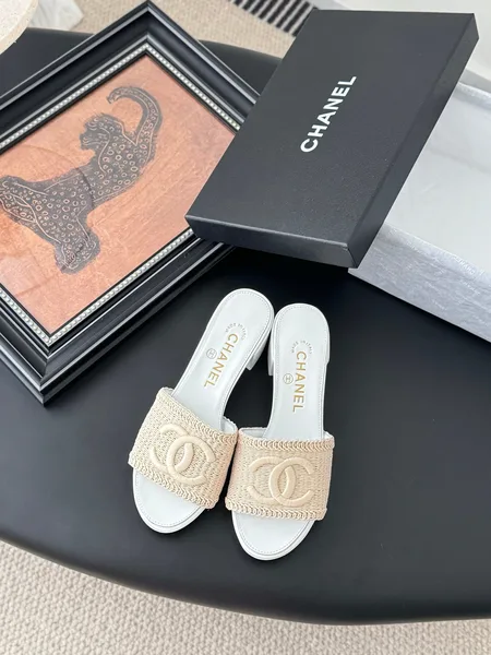 Chanel Women Woven-Fabric Slides — Beige with White Heeled Sole product photo