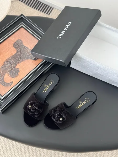 Chanel Women Black Velvet Flower Embellished Mules product view 5