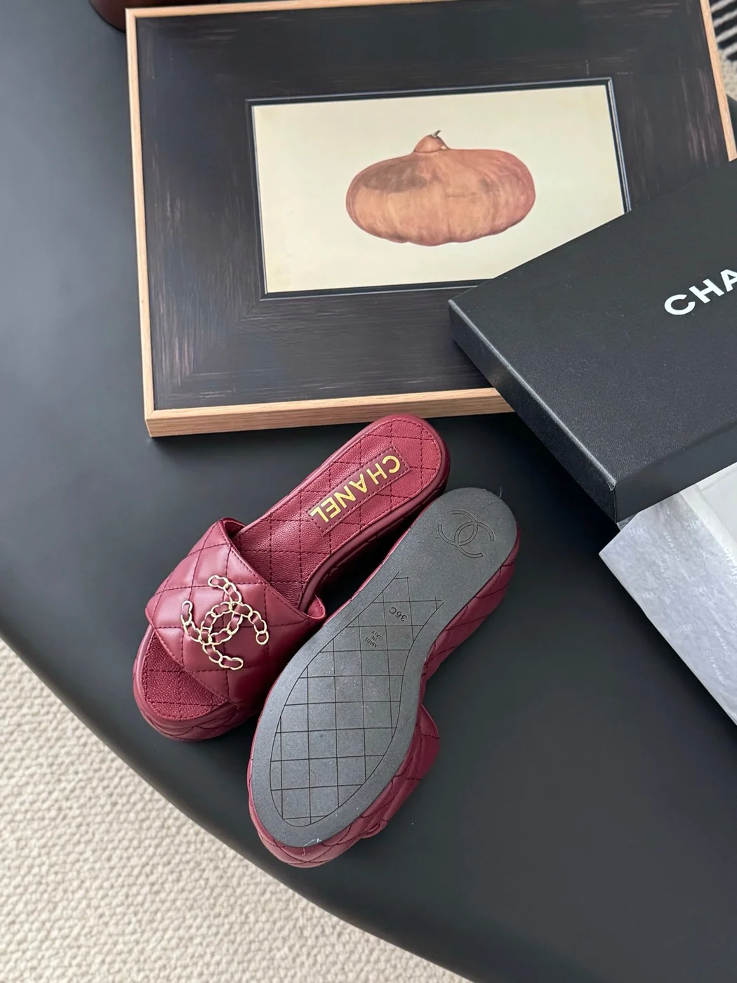 Chanel Women Burgundy Quilted Leather Slides — Chain-Woven CC Detail product view 4