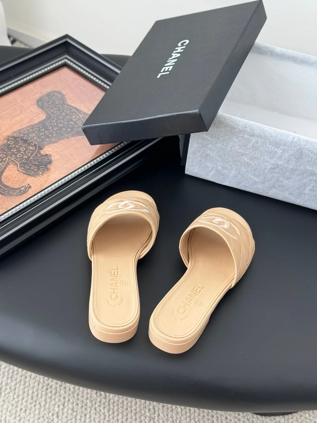 Chanel Women Beige Quilted Leather Slides — Tonal CC Detail product view 5