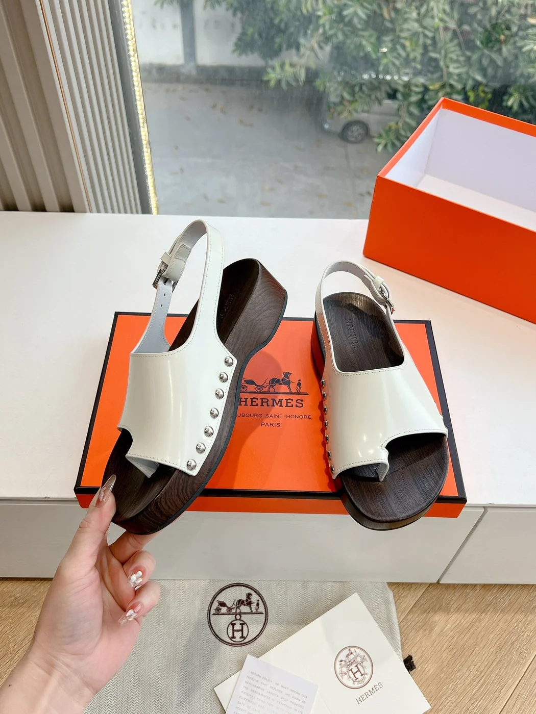 Hermès Women White Leather Wooden Sole Sandals product view 6
