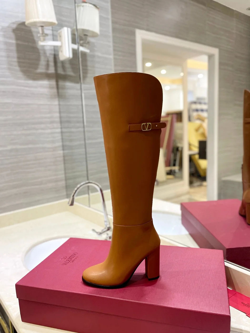 Valentino Women Brown Leather Knee High Boots — Upper-Shaft Buckle Detail product view 5