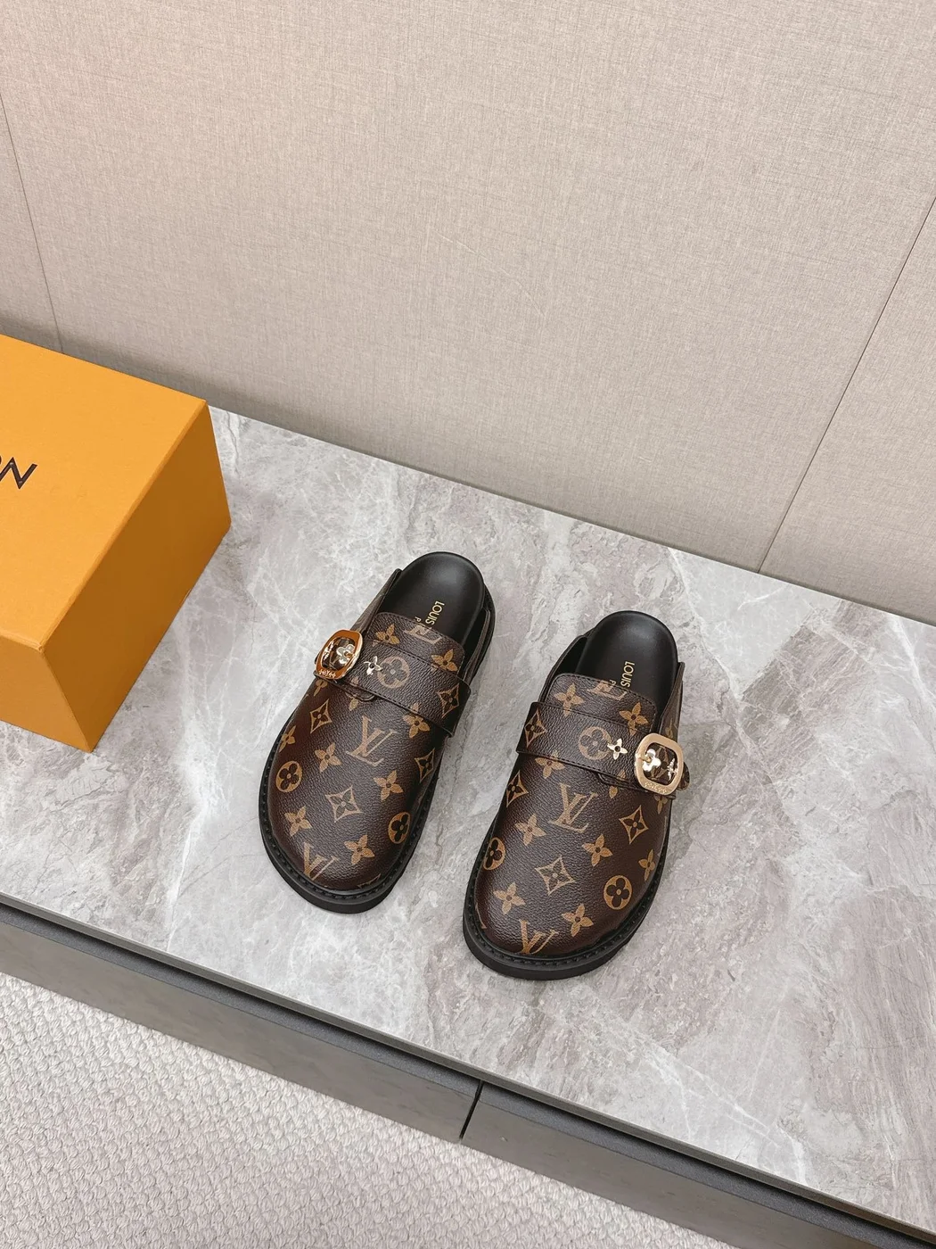 Louis Vuitton Women Brown Leather Monogram Mules — Round Gold-Tone Buckle Detail product view 4