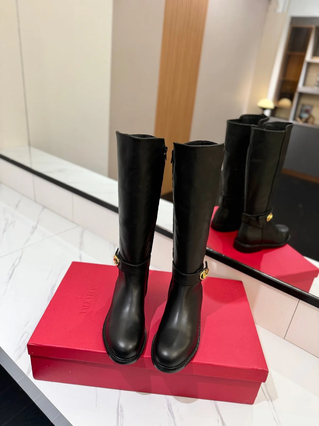 Valentino Women Black Leather Knee High Boots — Low-Heel Ankle-Strap Style product view 4