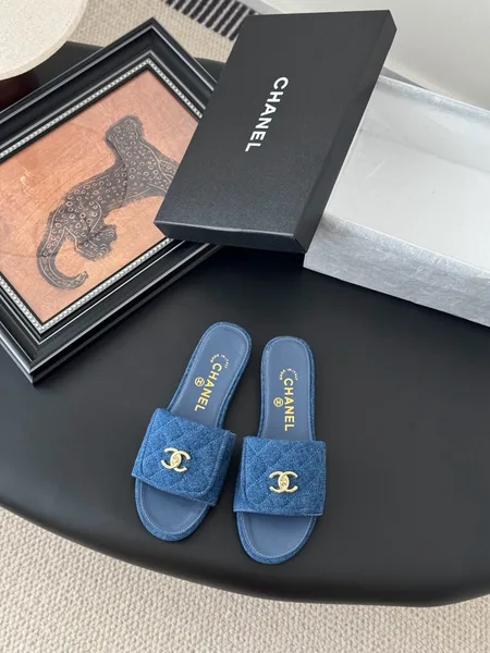 Chanel Women Blue Denim Slides — Gold-Tone CC Detail product photo