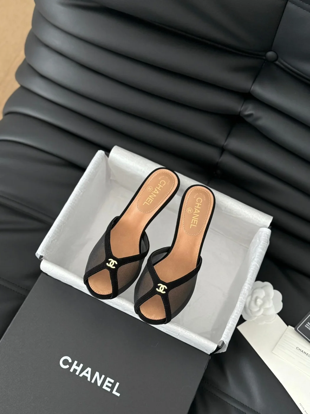 Chanel Women Black Mesh Logo Slide Sandals product view 2