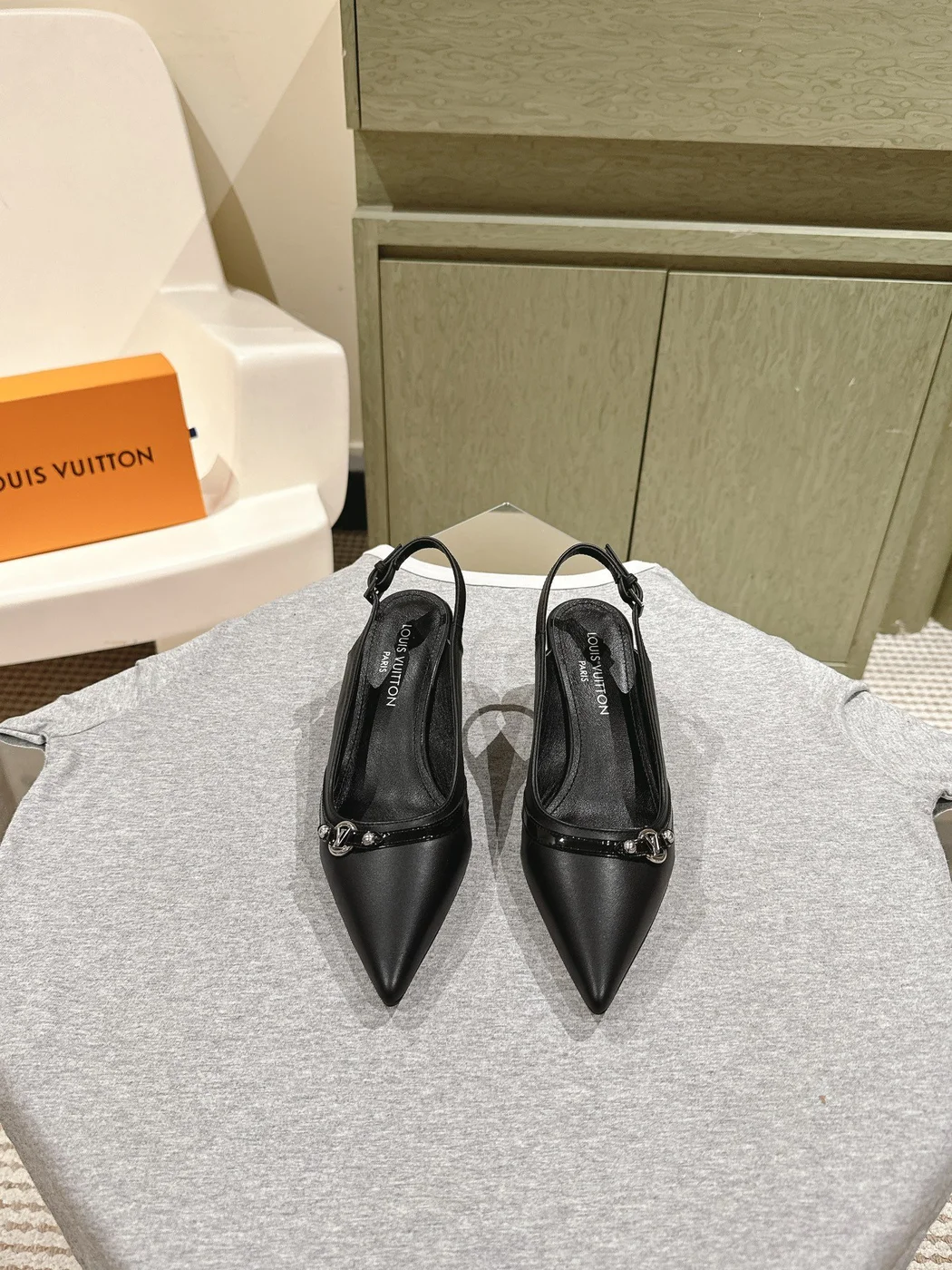 Louis Vuitton Women Black Leather Slingback Heels — Pointed-Toe Style product view 1