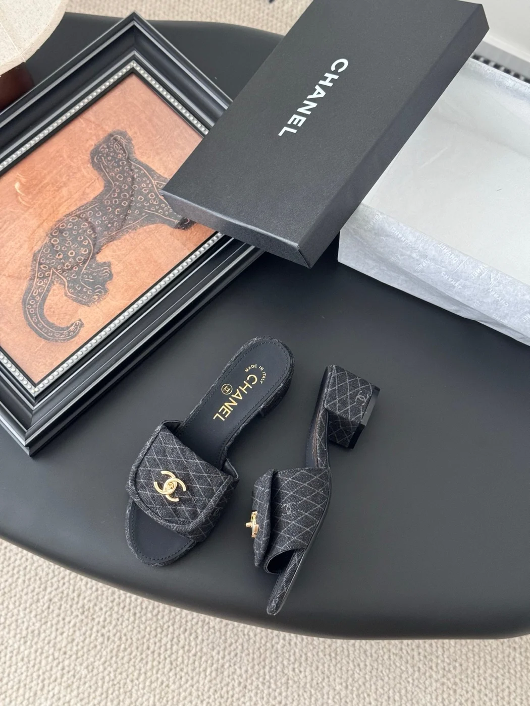 Chanel Women Black Quilted Fabric Slides — Gold-Tone CC Detail product view 5