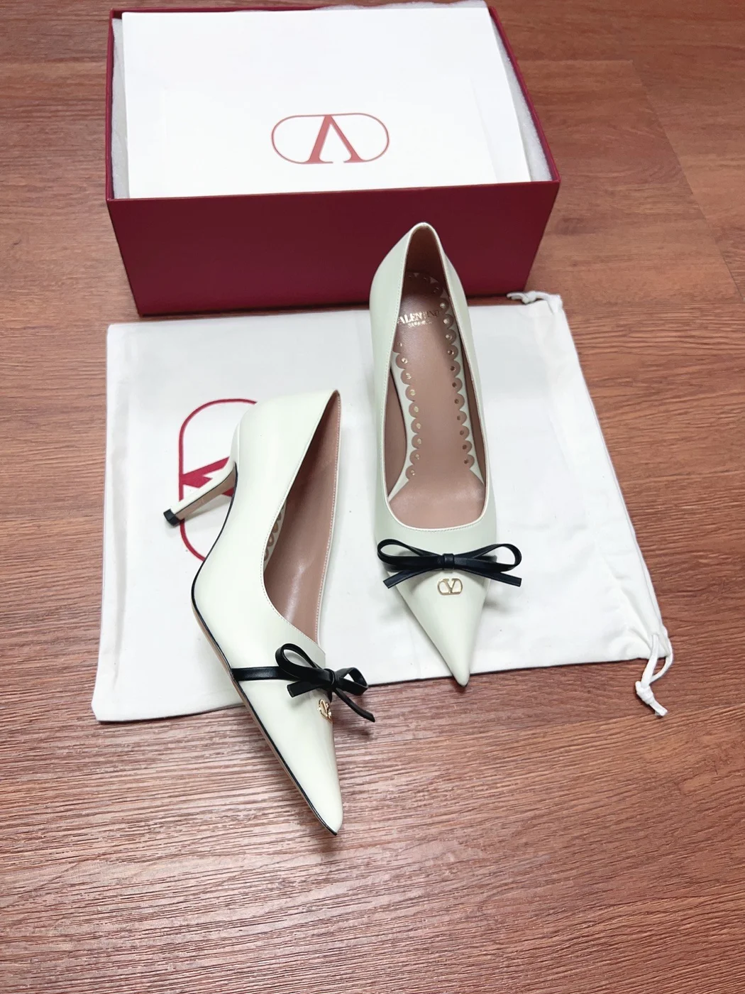 Valentino Women White Leather Pointed Toe Pumps product view 3