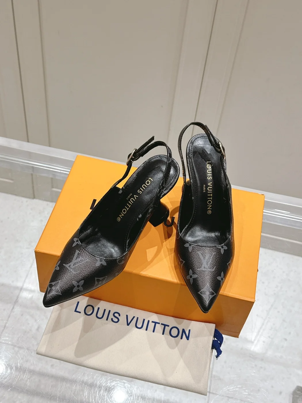 Louis Vuitton Women Black Patterned Leather Heels — Tonal Gray Pattern product view 4