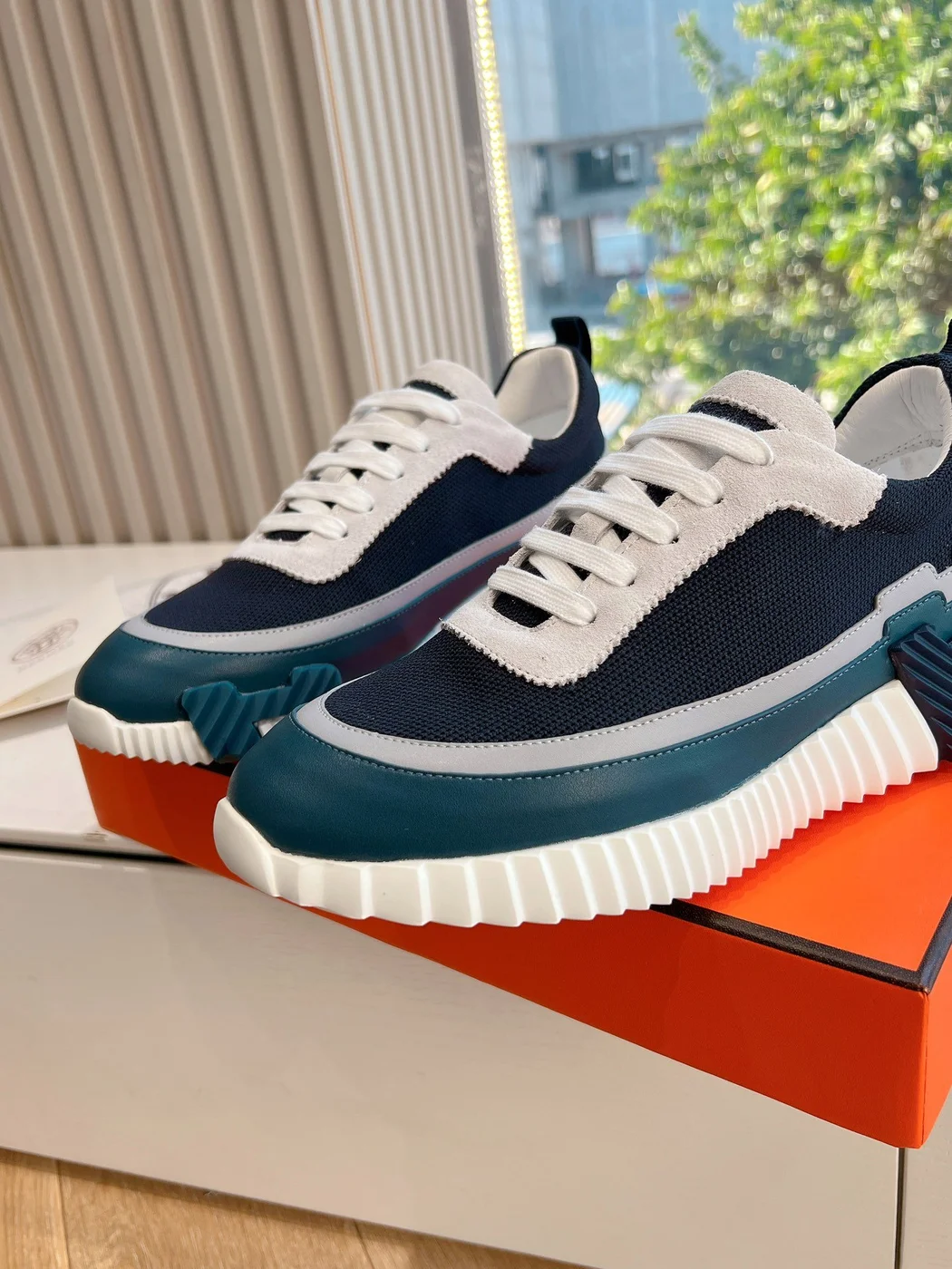 Hermès Women Navy Blue White Mesh Sneakers product view 6