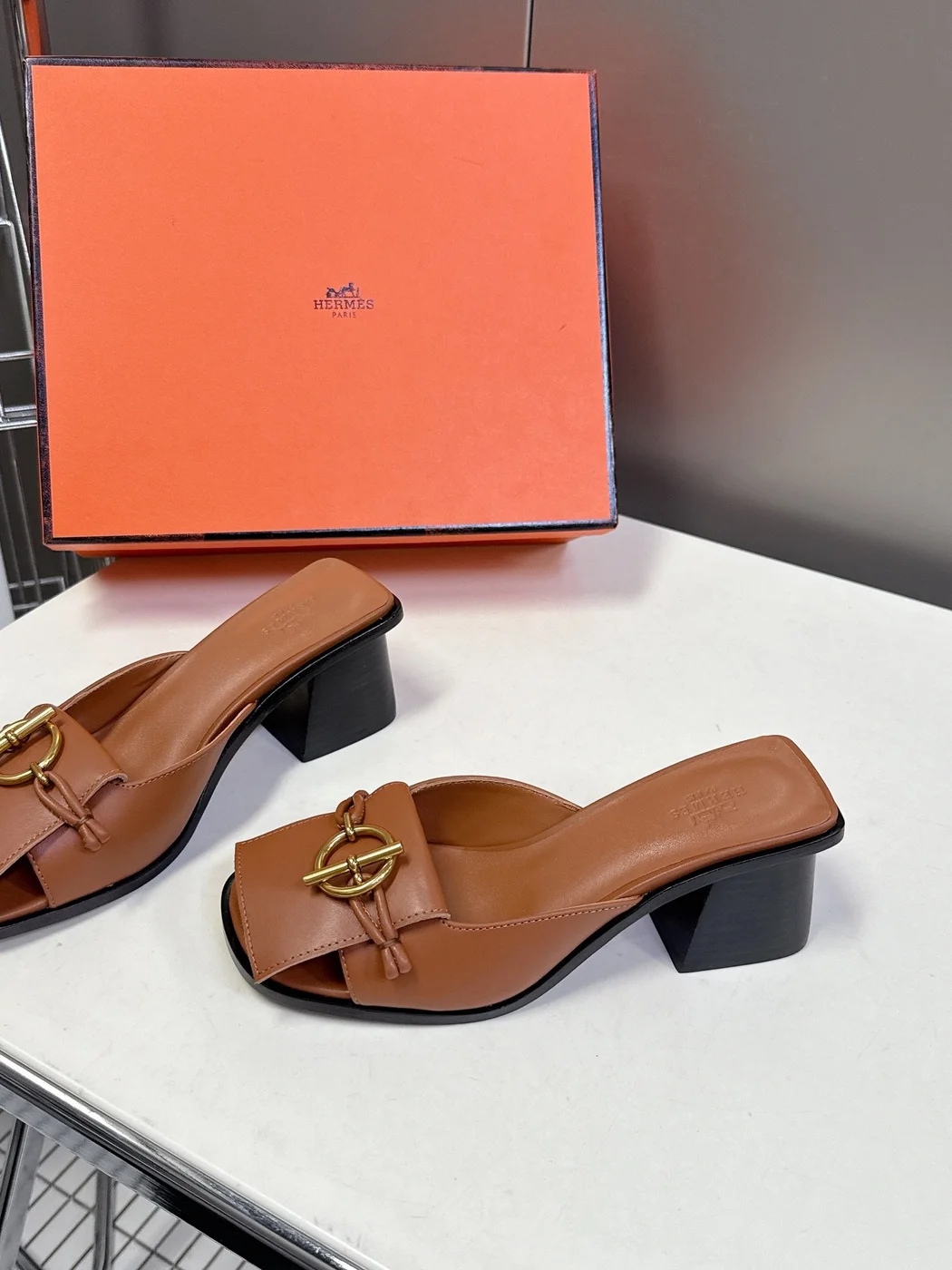 Hermès Women Brown Leather Heels — Open-Toe Buckle Style product view 3