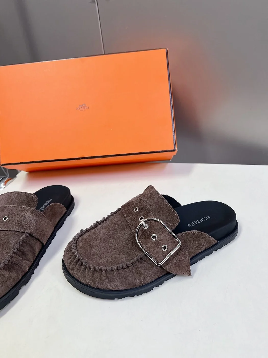 Hermès Women Brown Suede Buckle Mules product view 4