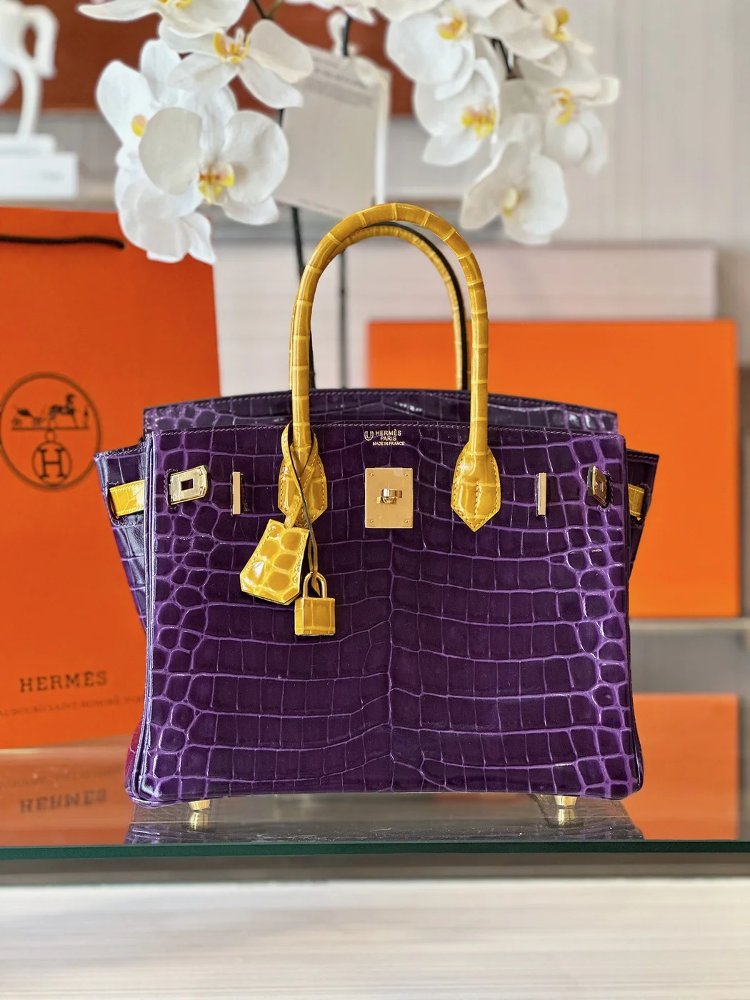 Hermès Birkin 30 Purple/Gold Crocodile Leather Gold Hardware – Custom Made Bag product view 7