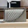 Chanel Boy Medium Handbags Grey Leather With Silver Lock 25 cm product view 5