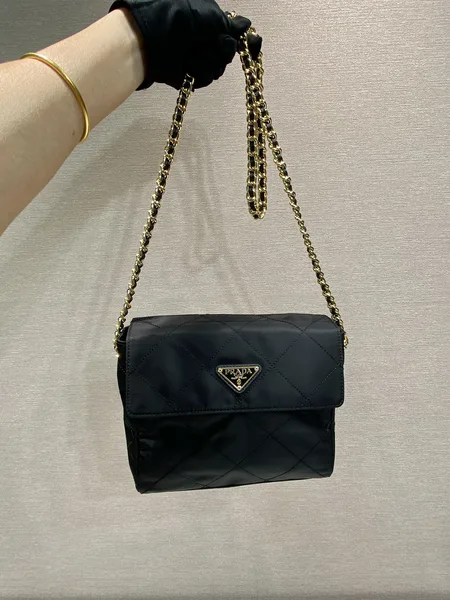 Prada Large Quilted Flap Bag 23 In Black Re-Nylon Fabric Gold Chain product photo