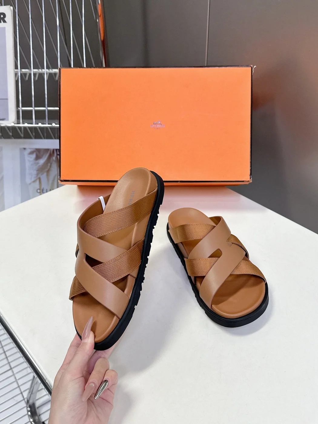 Hermès Women Tan Leather And Fabric Sandals product view 5