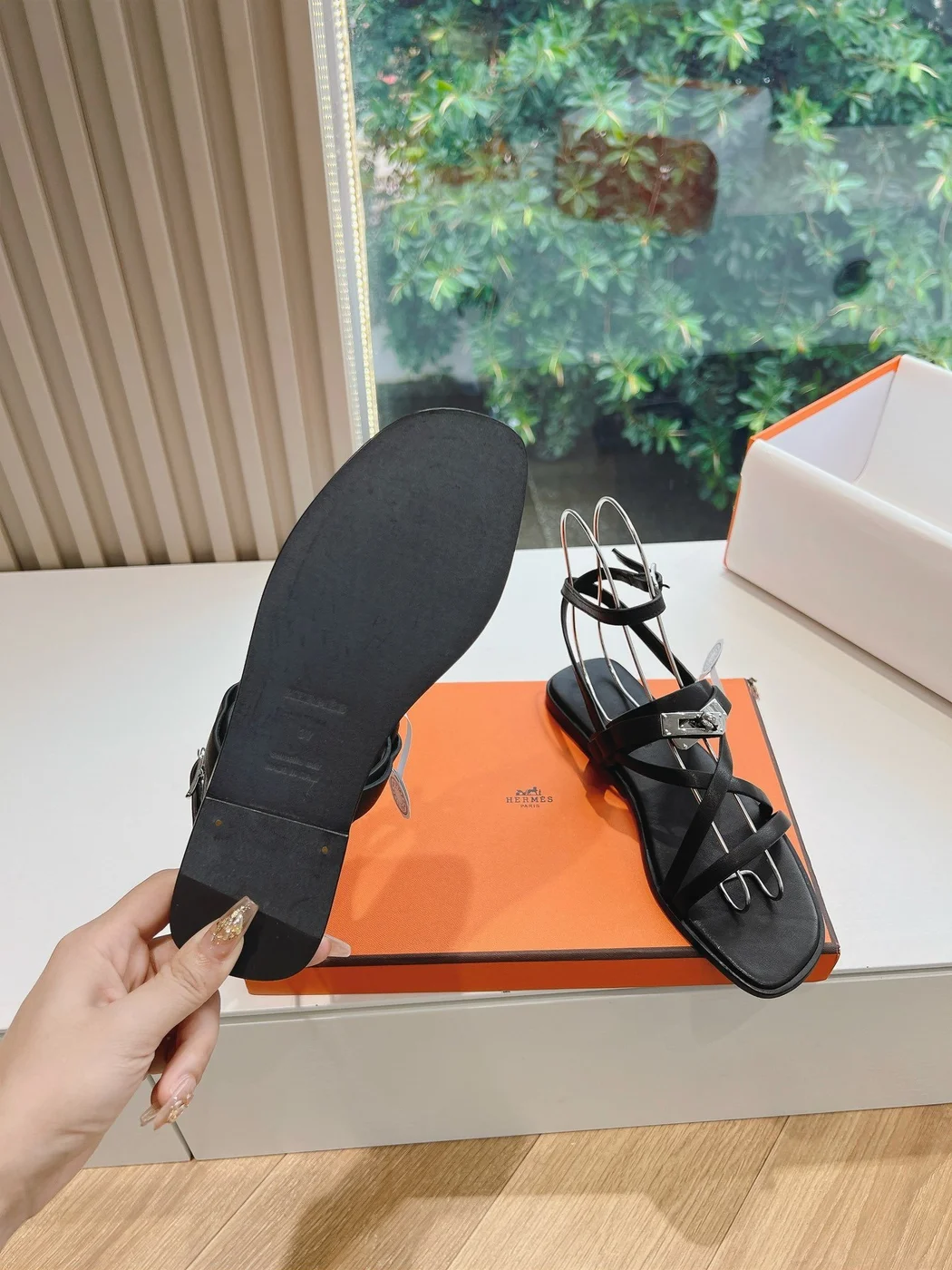 Hermès Women Black Leather Strappy Sandals — Link-Detail T-Strap product view 6
