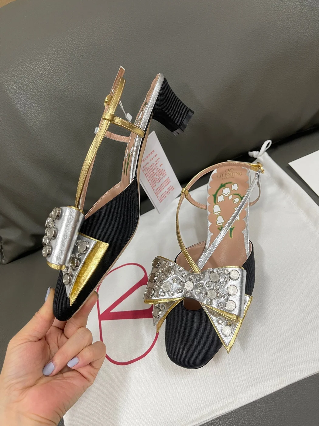 Valentino Women Black Silver Leather Bow Slingback Flats product view 2