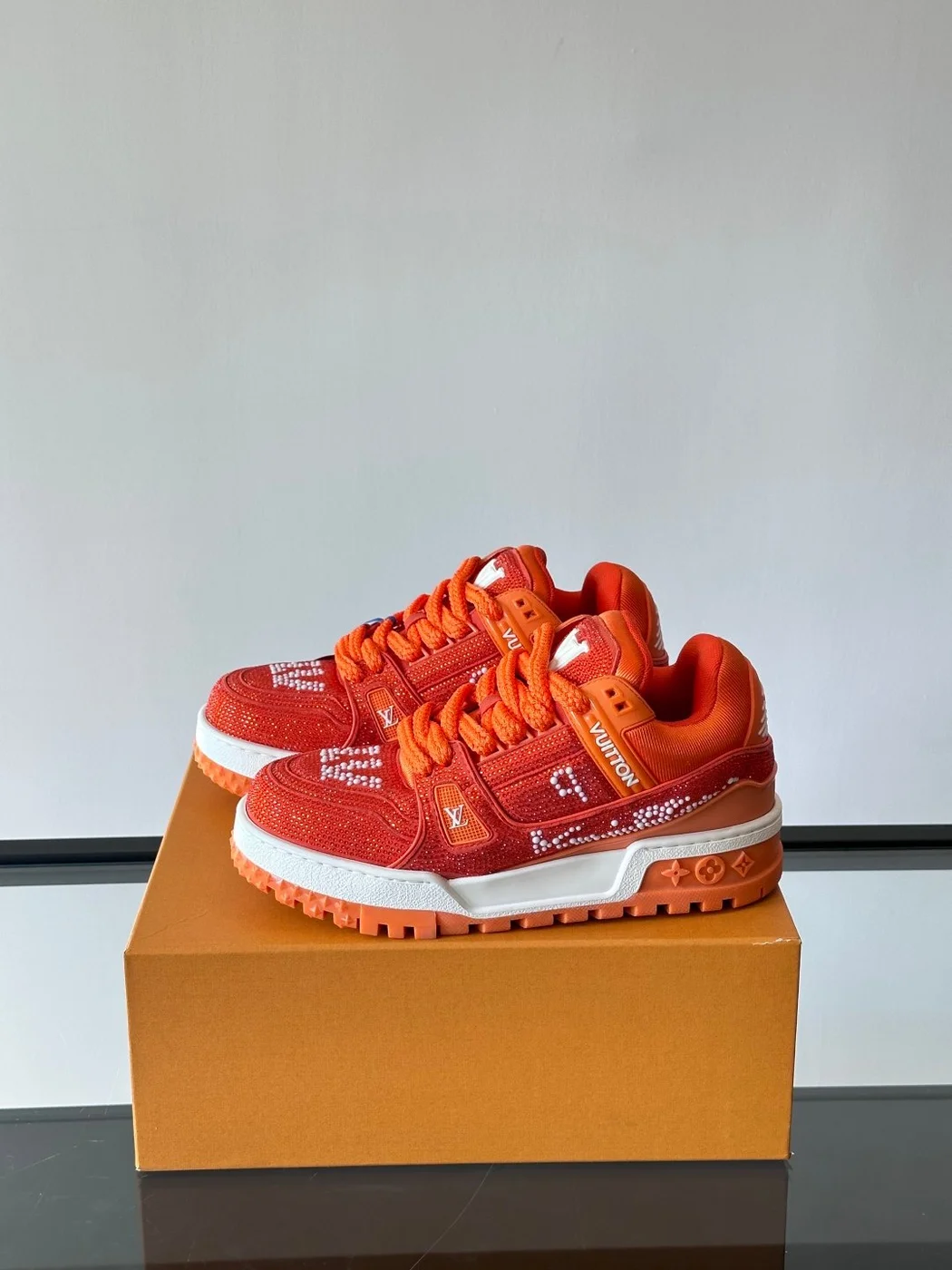 Louis Vuitton Men Orange Suede And Mesh Sneakers product view 3